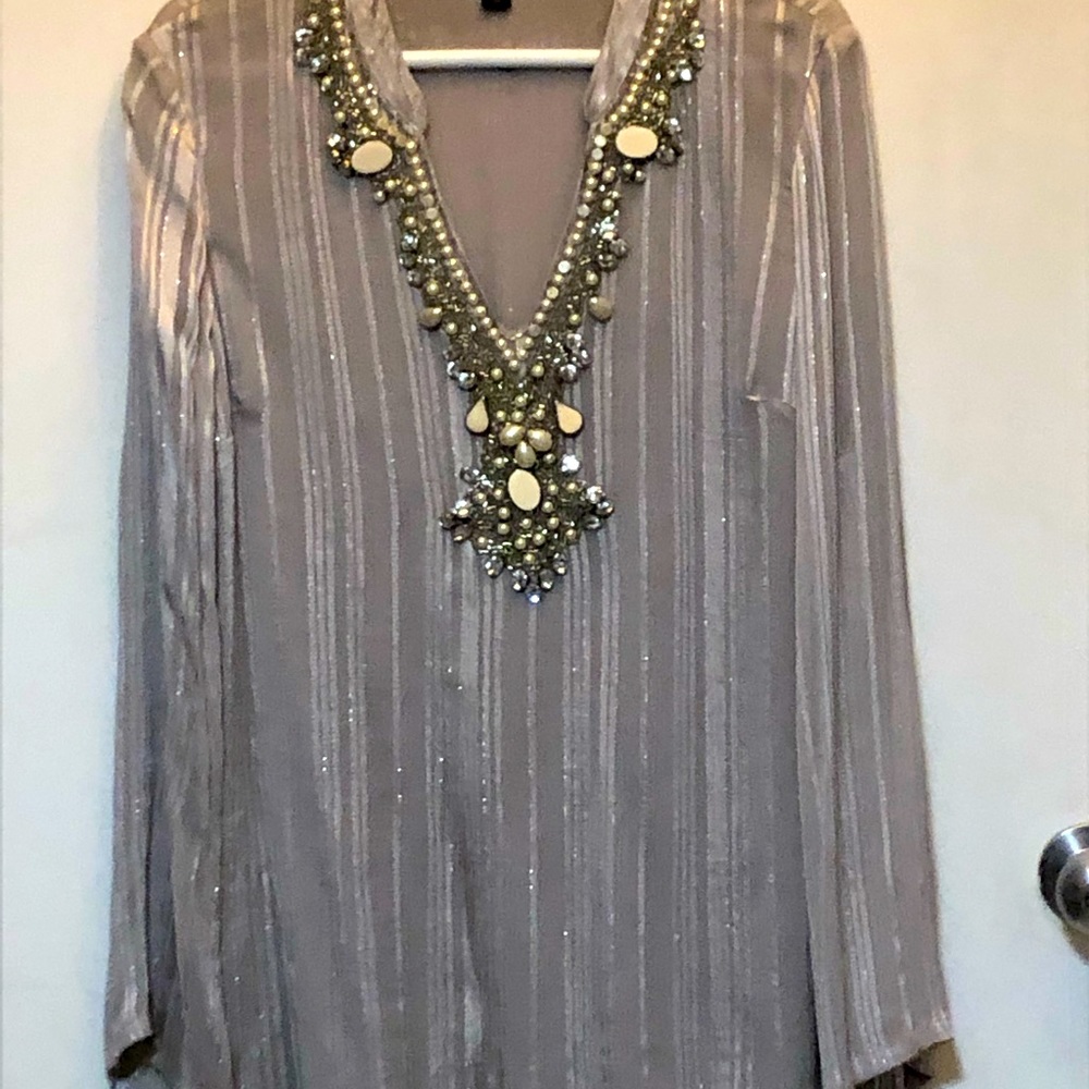 Beautiful taupe tunic embellished around neck line